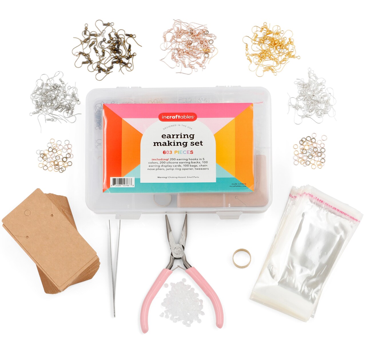 Incraftables Earring Making Kit (5 Colors). DIY Earring Kits for Jewelry Making Supplies w/ Hypoallergenic Earring Hooks, Backs, Display Cards, Bags, Nose Pliers, Ring Opener & Tweezers for Adults